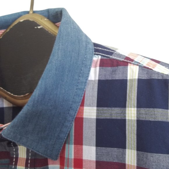 HENUS EDWIN 95 Plaid Chambray Sleeve Collar Button Down Front Cotton Shirt M NWT - Picture 4 of 7